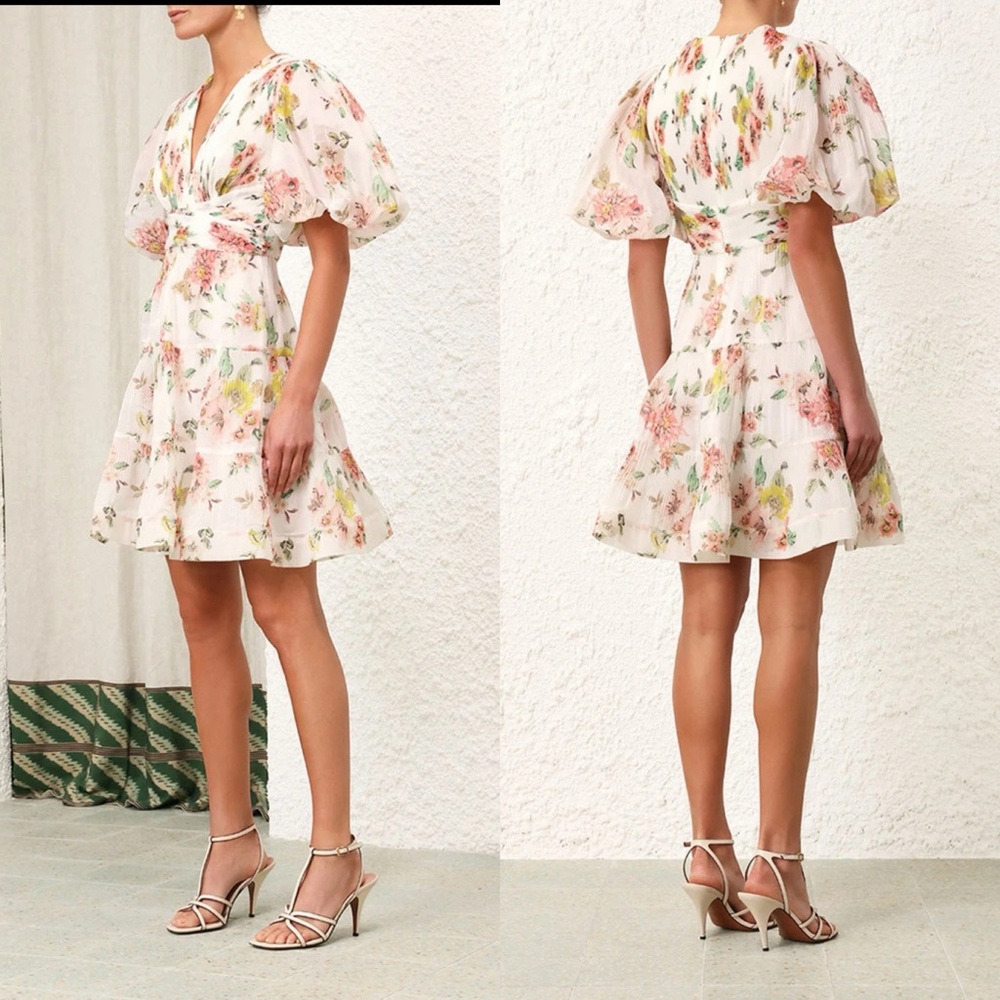🖤SOLD🖤 Zimmermann Pleated Tiered Minidress CORAL FLORAL, Size 1 (fits like 6 US)